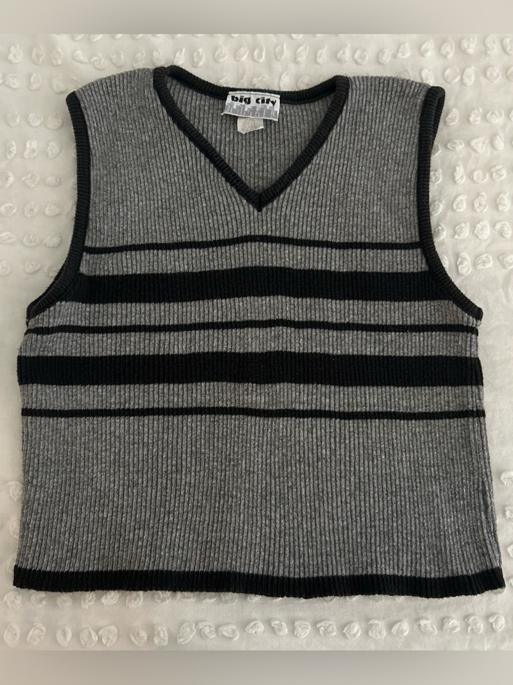 Vintage 80s/90s Big City Gray & Black Ribbed Knit Sweater Vest V-Neck Made In US
